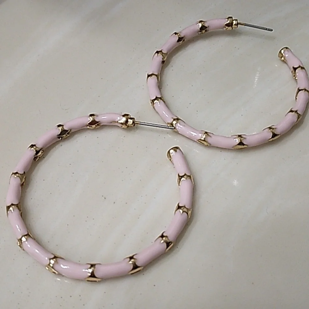 Pink and Gold Striped Hoop Earrings - Picture 2 of 3